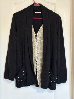 Black Women's Open-Front Cardigan with Cream Lace Trim and Pearl Studs